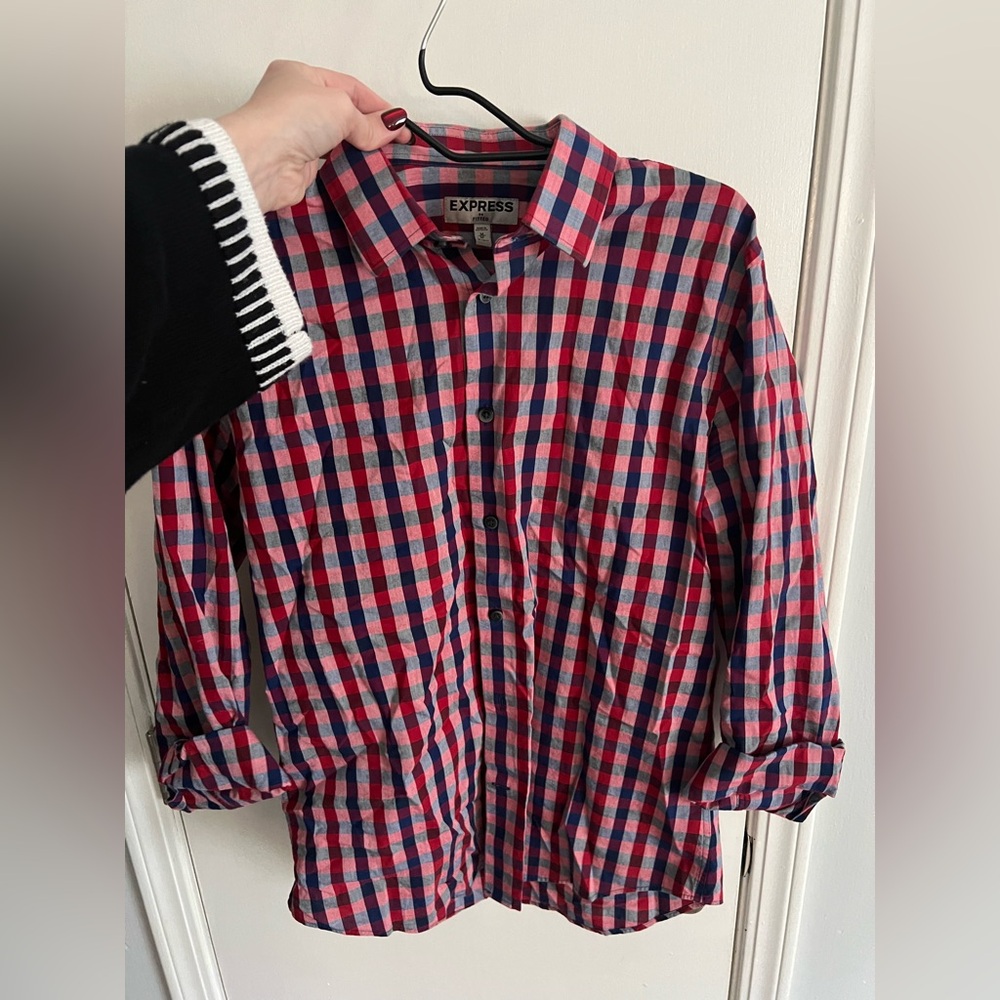 Express Red and Blue Plaid Button-Up Shirt